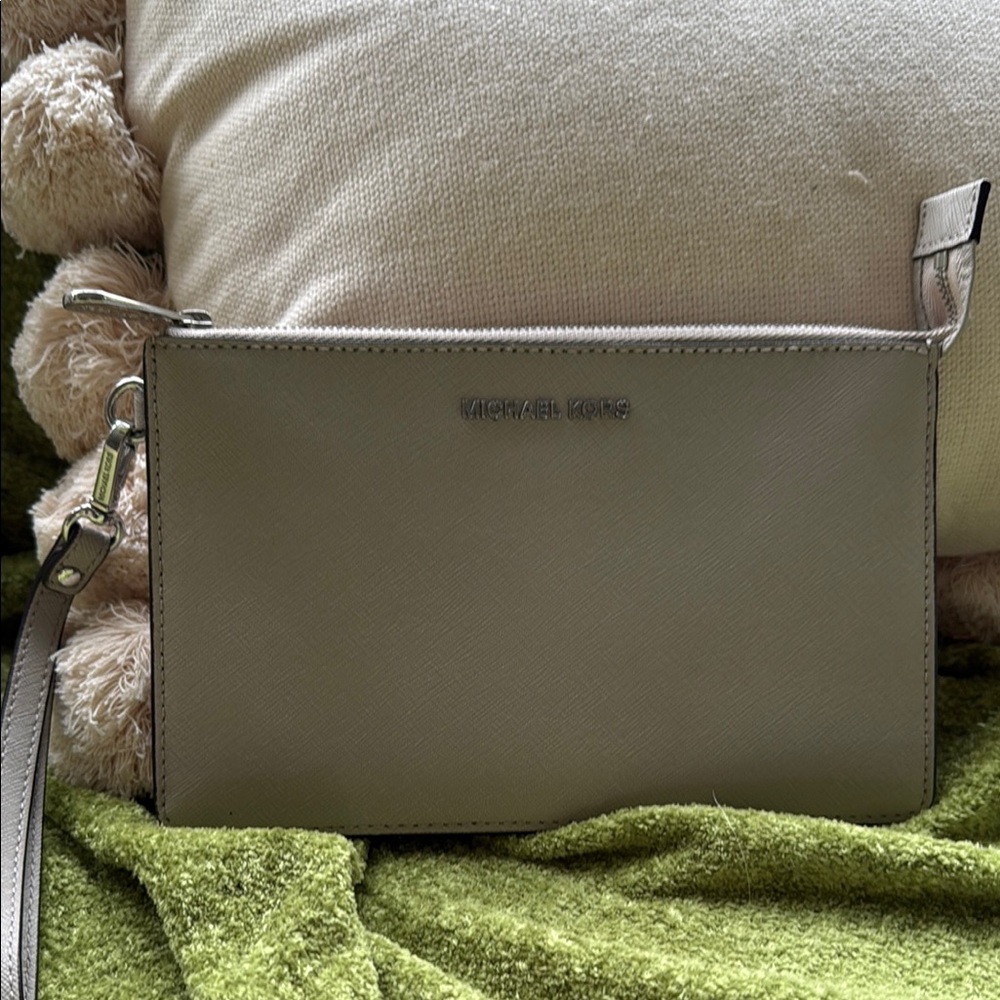 Michael Kors Gray Leather Wristlet with Silver Zipper
